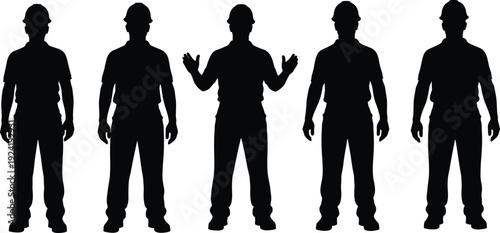 PrintSet of five male construction worker silhouettes wearing hard hats in standing front poses