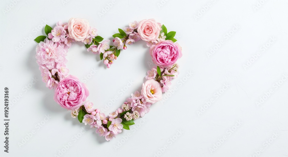 Obraz premium A beautiful heart shape formed with delicate pink roses and blossoms on a white background, symbolizing love and romance.