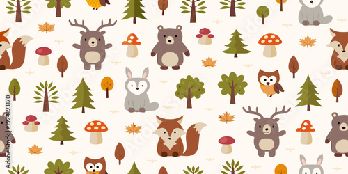 Whimsical forest pattern featuring adorable animals and autumn foliage
