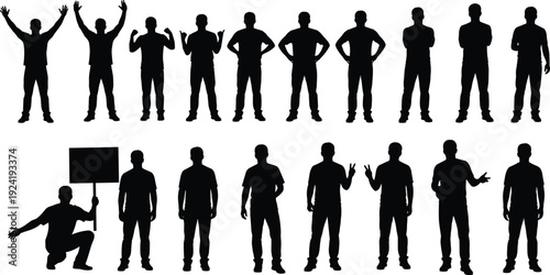 PrintSet of male worker silhouettes in various standing and cheering poses with protest sign