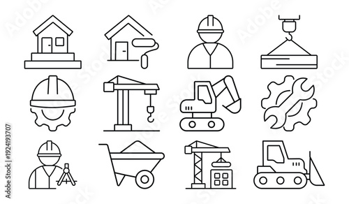 Construction and architecture line icon set. Heavy machinery, house building, engineer tools, and industrial equipment symbols isolated on white background.