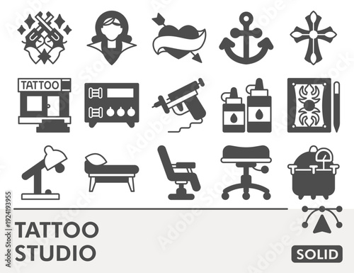 Tattoo studio symbols collection or sketches, tattoo artwork theme in glyph style signs for web and app. Vector graphics, editable stroke icons isolated on white background.