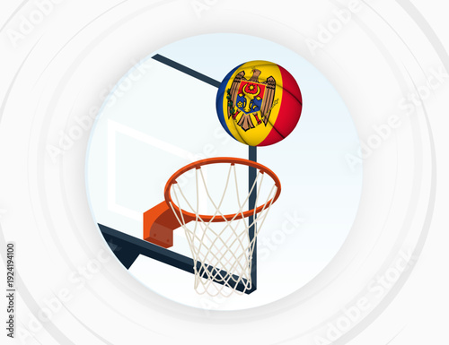 Moldova Flag Themed Basketball in Motion, Scoring Moment in Basketball Game.