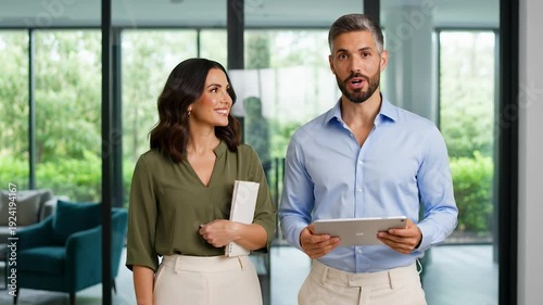 Two smiling business colleagues standing together in a modern office environment with a woman holding books and a man holding a tablet