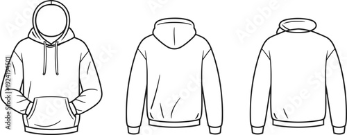 Men's Hoodie Technical Drawing Illustration Set Featuring Front And Back Views Of A Long Sleeve Pullover Sweatshirt For Apparel Design Clothing Template