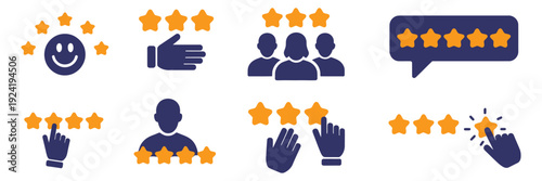 Five stars from customers set icons, clean vector symbols for ratings, customer reviews, user feedback, service evaluation, client satisfaction, and digital or print applications for business and 