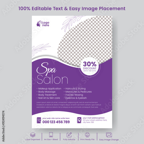spa wellness A4 flyer poster template for beauty salon skin care nail salon promotion, yoga meditation leaflet brochure cover advertising design marketing print-ready template