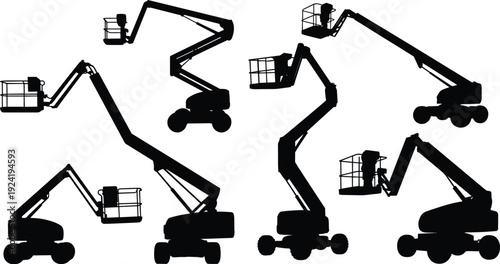 Aerial work platform and boom lift silhouette set showing construction lifting equipment, industrial maintenance access machines