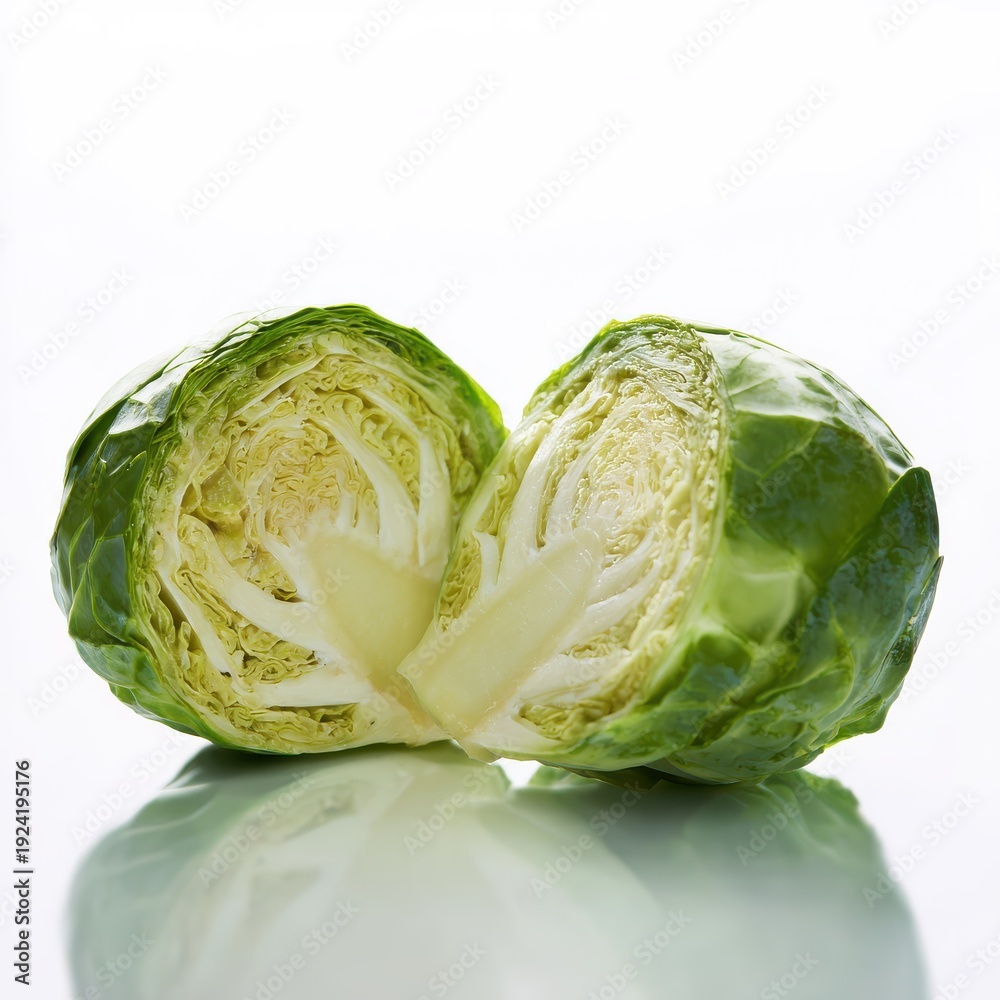 Obraz premium Brussels sprout cut in half, miniature cabbage internal layered structure, dense green