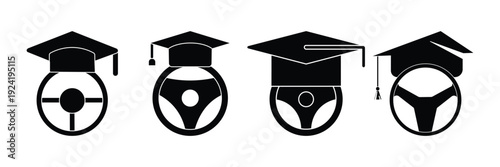 Driving school and driver education icon set. Steering wheel with graduation cap symbols for driving license, traffic school, and automotive training isolated on white background.