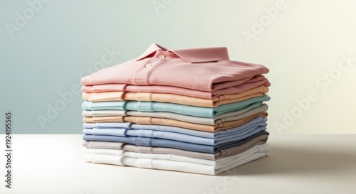 A neatly folded stack of pastel colored shirts on a table.
