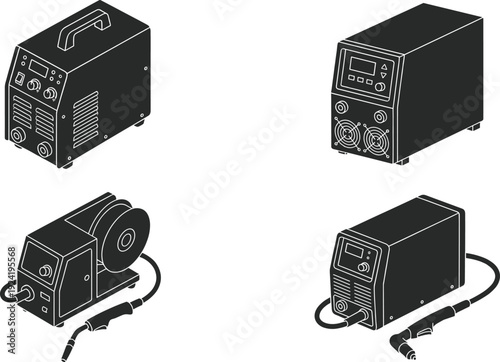 Welding Machine Icon Set Featuring Portable Unit, Compact Power Supply, Wire Feeder, and Digital Control Panel Equipment Depicted in Black Vector Style