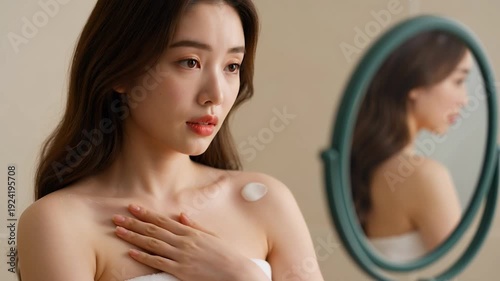 Woman applying cream to her shoulder while looking in the mirror for skincare routine