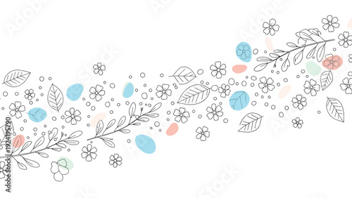 Elegant curved border design made of delicate line art flowers leaves and soft pastel colored oval shapes on a plain white background space.