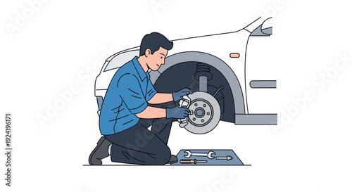 A professional mechanic wearing blue gloves and a blue shirt kneels on the ground to repair the brake disc of a white passenger car.