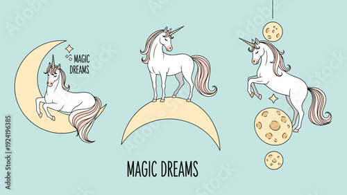 Dreamy set of unicorn illustrations with moons and stars in a pastel color palette with the text magic dreams for nursery or girl's themes.