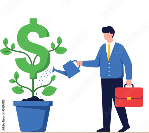 Businessman watering growing money dollar plant in pot investment growth wealth building financial nurturing passive income and business success illustration