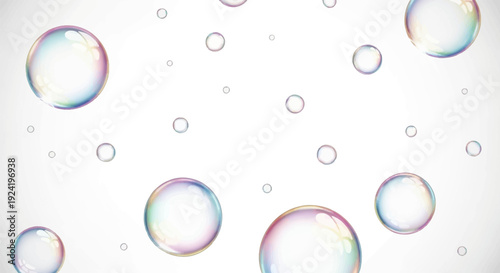 Iridescent soap bubbles on a white background with rainbow colors.
