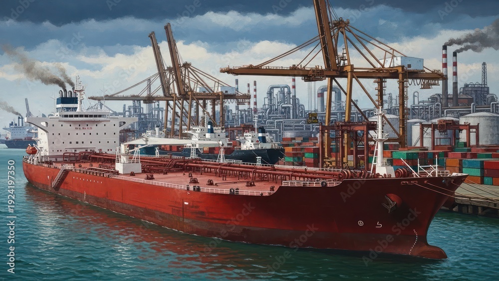 Naklejka premium Large cargo ship docked in port near industrial complex under cloudy sky