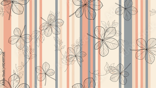 Botanical pattern combines delicately sketched chestnut leaves with a background of muted vertical stripes for a sophisticated and natural look.