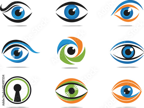 Creative eye logo collection with colorful abstract shapes vision security privacy and optical symbol vector illustration set