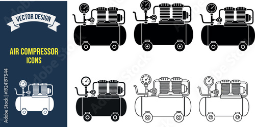 Vector set of industrial air compressor icons in flat and line style for engineering, workshop and manufacturing design