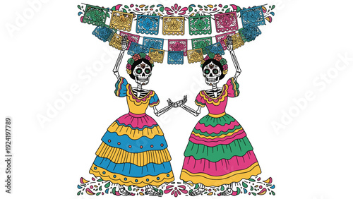 Two female skeletons dressed in colorful traditional Mexican outfits dance under festive banners for the Day of the Dead celebration.