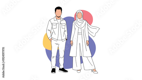 Stylish couple wears modern modest clothing with the man in a white jacket and pants and the woman in a matching outfit and hijab.