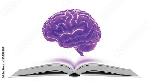Glowing Purple Digital Brain Floating Over an Open Book Isolated on White Background for Concepts of Artificial Intelligence and Learning