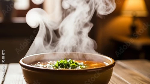 Steaming bowl of soup with herbs on wooden table indoors  