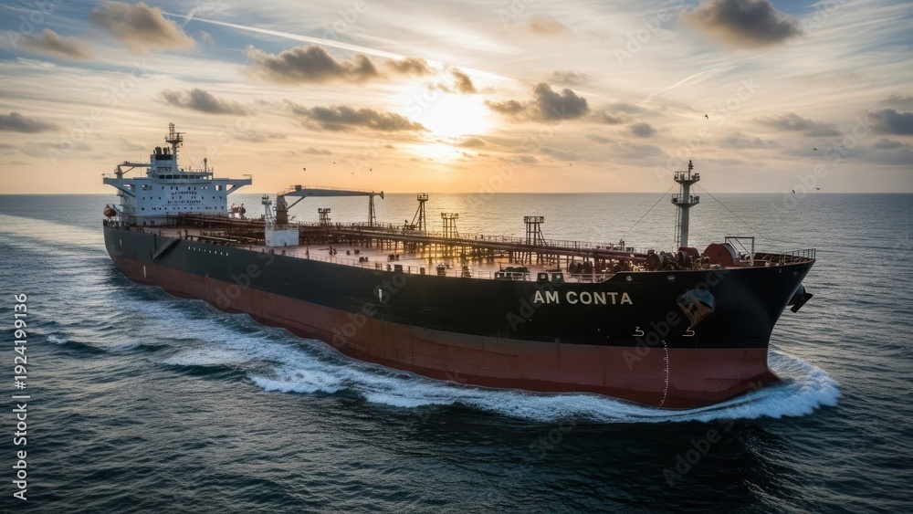 Fototapeta premium Large cargo ship sailing on the ocean during a golden sunset