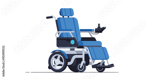 A three-quarter perspective illustration of a blue electric mobility wheelchair featuring a padded headrest and a joystick control on a white background.
