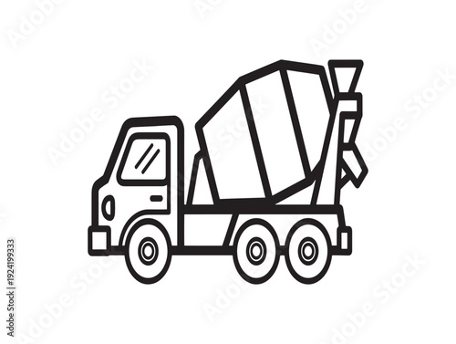 A black and white line drawing of a cement mixer truck