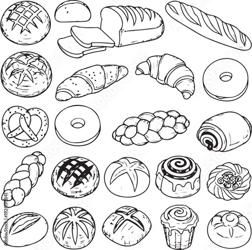Assortment of baked goods, breads, croissants, donuts, pretzels, cinnamon rolls and pastries collection drawn on transparent background