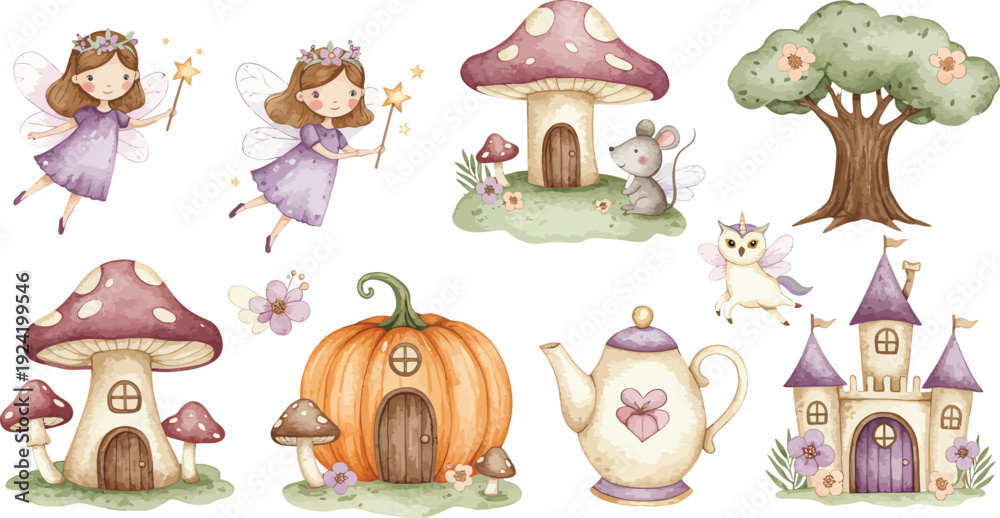 Fototapeta premium Whimsical fantasy houses and fairies in a magical forest setting with trees and a castle