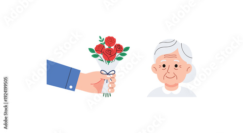 A hand wearing a blue sleeve presents a small bouquet of red roses to an elderly woman with grey hair and a white shirt on a white background.