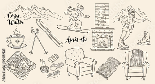 Hand-drawn Winter Sports and Cozy Apres-Ski Elements Collection.