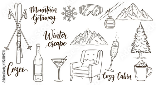 Winter Mountain Getaway and Cozy Cabin Escape Hand-Drawn Doodle Set.