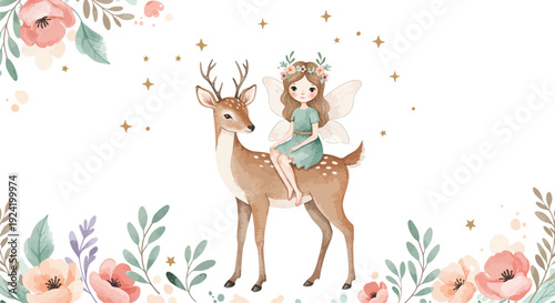 Whimsical illustration of a girl riding a deer surrounded by flowers and foliage in a dreamy natural setting