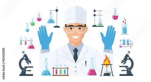 A smiling male scientist in a white lab coat and goggles stands surrounded by colorful chemical flasks and microscopes on a white background.