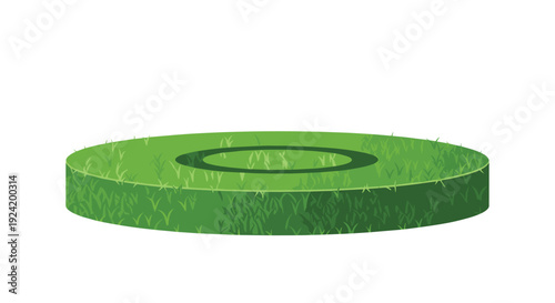 A low cylindrical platform covered in green grass with a dark circular ring on its top surface sits isolated on a plain white background.