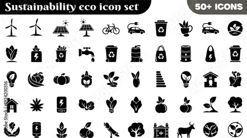 Sustainability eco icon set vector for renewable energy recycling agriculture and green living