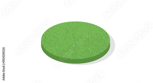 A three dimensional isometric circular patch of green grass with a stippled texture casts a soft shadow on a clean white background surface.