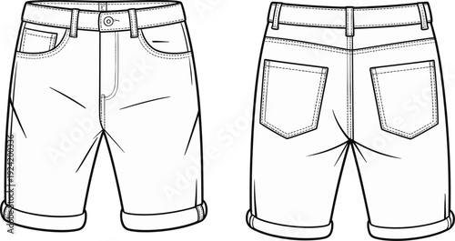 Front and back technical of men's denim shorts with rolled cuffs, belt loops, pockets, and classic five-pocket styling