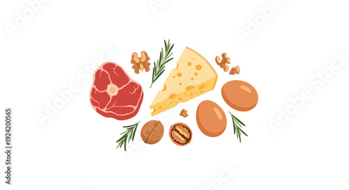 A raw steak wedge of cheese two eggs walnuts and rosemary sprigs are grouped together in a central arrangement on a white background.
