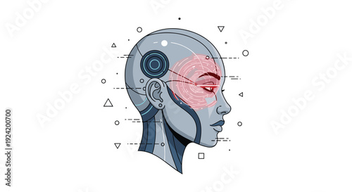 A side profile of a gray and blue robotic female head with a red target pattern over the eye is surrounded by floating geometric shapes.