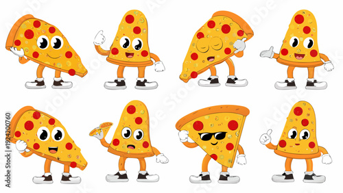 Animated pizza slices with different expressions and gestures on a white background