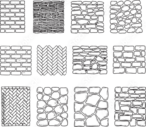 Collection of different stone wall patterns and brick masonry textures including cobble stones weaving slate and rock surfaces for architectural design and construction