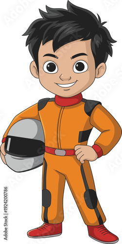 Cute cartoon boy race car driver holding helmet, smiling child in orange racing suit, adorable motorsport character illustration isolated on white background