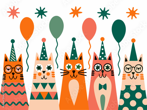 Festive cats with party hats and balloons celebrate a joyful occasion